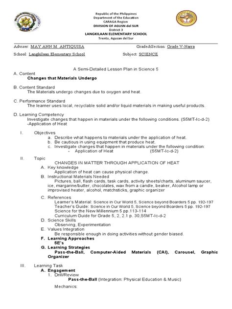 Semi Detailed Lesson Plan in Science 5 by May Ann M. Antiquisa .